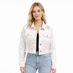 Ashley Vintage Charm Distressed Cropped White Jean Jacket Sz M
